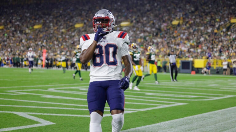 New England Patriots wide receiver Kayshon Boutte (80) catches a pass for a touchdown during a preseason NFL football game between the New England Patriots and Green Bay Packers Saturday, Aug. 19, 2023, in Green Bay, Wis.