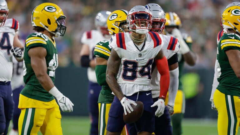 New England Patriots wide receiver Kendrick Bourne (84) reacts after making a catch for a first down during a preseason NFL football game between the New England Patriots and Green Bay Packers Saturday, Aug. 19, 2023, in Green Bay, Wis.