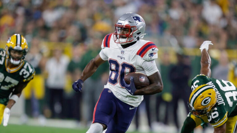 New England Patriots wide receiver Tyquan Thornton (11) runs a route during  the second half of an NFL football game against the Chicago Bears, Monday,  Oct. 24, 2022, in Foxborough, Mass. (AP