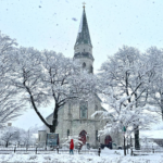 Snow-covered trees and a church in the background