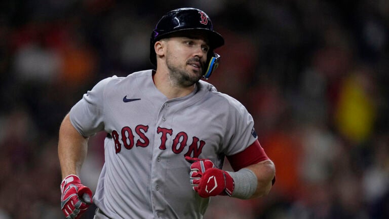 Adam Duvall of the Boston Red Sox reacts on second base after his