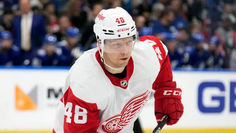 Detroit Red Wings right wing Alex Chiasson (48) against the Tampa Bay Lightning during the third period of an NHL hockey game Thursday, April 13, 2023, in Tampa, Fla.