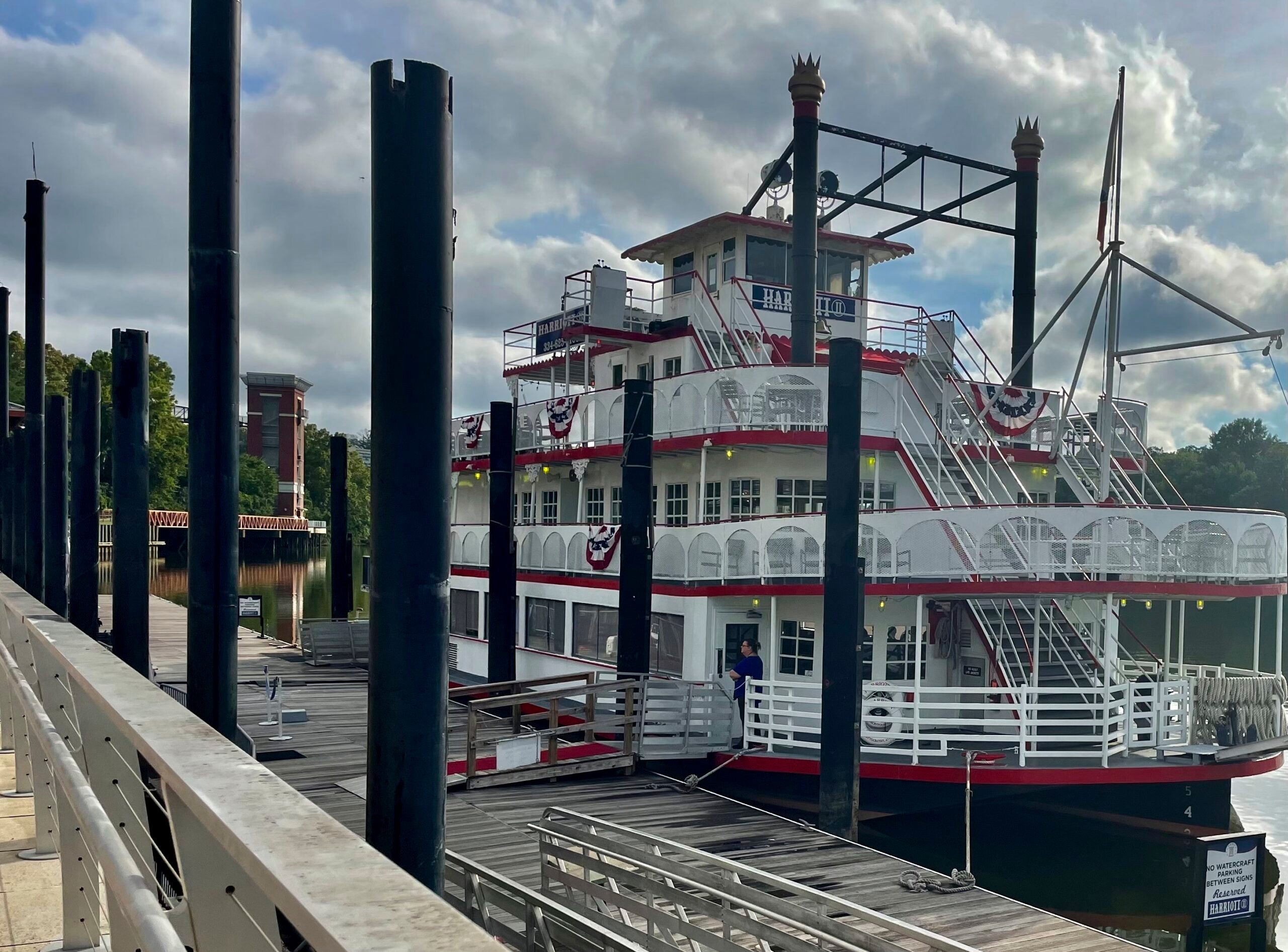 The Harriott II riverboat sits docked in Montgomery, Ala.