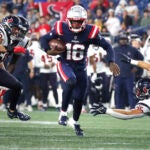 New England Patriots quarterback Malik Cunningham (16) dashes toward the end zone for a touchdown against the Houston Texans during the second half of an NFL preseason football game Thursday, Aug. 10, 2023, in Foxborough, Mass.
