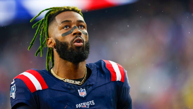 New England Patriots cornerback Jalen Mills (2) reacts during pregame of an NFL pre-season football game against the Houston Texans, Thursday, Aug. 10, 2023, in Foxborough, Mass.