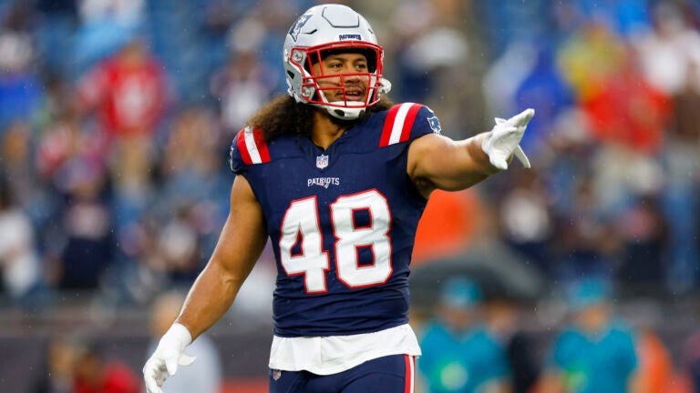 New England Patriots linebacker Jahlani Tavai (48) warms up during pregame of an NFL pre-season football game against the Houston Texans, Thursday, Aug. 10, 2023, in Foxborough, Mass.