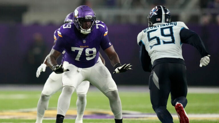 Minnesota Vikings offensive tackle Vederian Lowe (79) looks to block during the first half of an NFL football game against the Tennessee Titans, Saturday, Aug. 19, 2023, in Minneapolis.