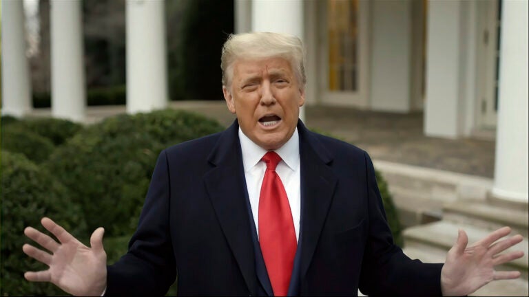 This exhibit from video released by the House Select Committee, shows President Donald Trump recording a video statement on the afternoon of Jan. 6, 2021, from the Rose Garden, displayed at a hearing by the House select committee investigating the Jan. 6 attack on the U.S. Capitol.