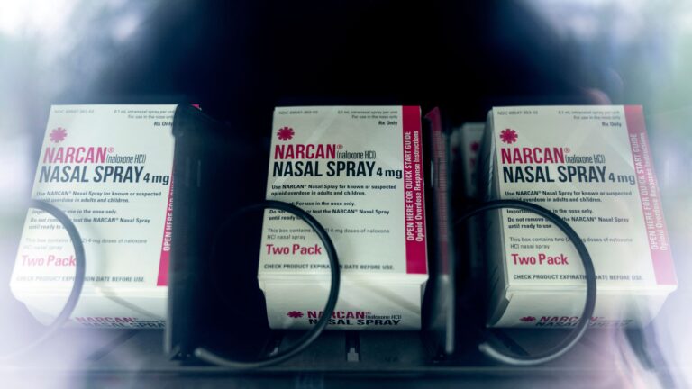Narcan nasal spray seen in a vending machine.