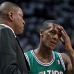 Celtics head coach Doc Rivers talks to point guard Rajon Rondo during the second half. The Boston Celtics visited the Miami Heat in Game One of the NBA Eastern Conference Semi-Finals at American Airlines Arena.