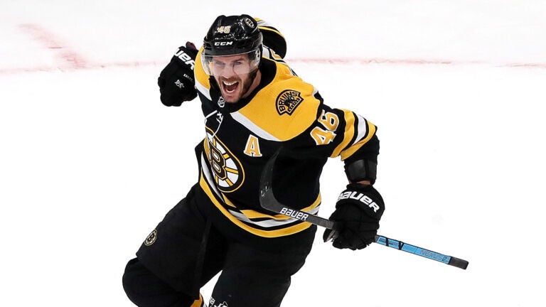 Boston Bruins center David Krejci (46) celebrates after leveling the game 4-4.  The Bruins were two goals behind the Wild before scoring twice to tie in the closing minutes of the third period.
