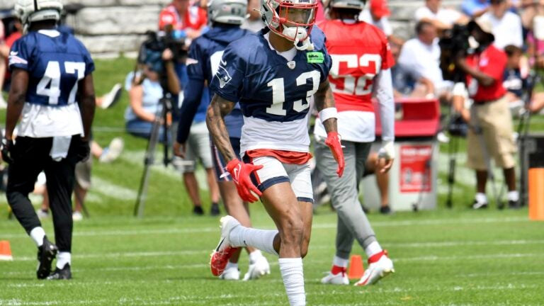 New England Patriots cornerback Jack Jones (13) at the line of