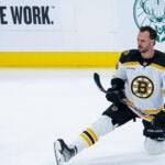 Boston Bruins center David Krejci (46) pictured during pre game warmups. The Florida Panthers host the Boston Bruins in Game 6 of the Stanley Cup Playoffs on April 28, 2023 at FLA Live Arena in Sunrise, FL.