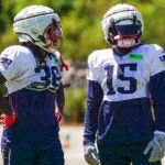 New England Patriots running back Rhamondre Stevenson (38) and New England Patriots running back Ezekiel Elliott (15) at today’s New England Patriots practice.