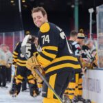 Boston Bruins Jake DeBrusk during practice before they play the Pittsburgh Penguins in tomorrow's Winter Classic at Fenway Park.