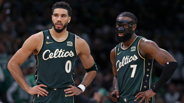 The Celtics Jayson Tatum (0) and Jaylen Brown (7) are pictured together in the second quarter as Philadelphis has the lead. The Boston Celtics hosted the Philadelphia 76ers for Game Five of their NBA Eastern Conference Semi Final basketball series at the TD Garden.