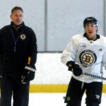 The Boston Bruins practiced Wednesday morning at Warrior Ice Arena in which newly signed Hampus Lindholm made his first appearance.