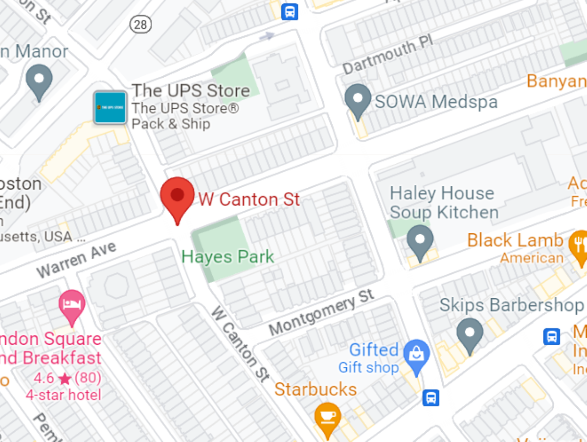 A map of W. Canton Street in Boston, Massachusetts.