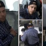 A white man wearing a Boston Bruins hat, brown shoes, blue pants, and a blue, white, and black plaid long-sleeve shirt.