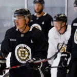 Brad Marchand runs through a drill during Bruins captain’s practice at Warrior Arena.