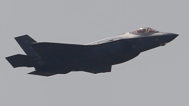A Lockheed Martin F-35 Lightning II performs a demonstration flight.