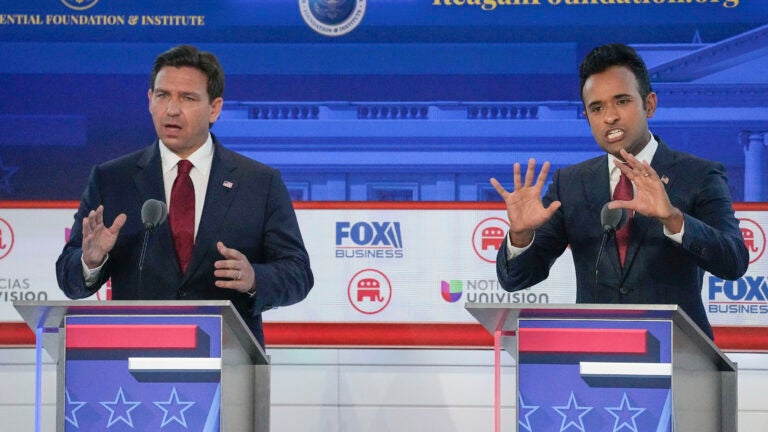 Republican presidential candidates, Florida Gov. Ron DeSantis and entrepreneur Vivek Ramaswamy, during a debate.
