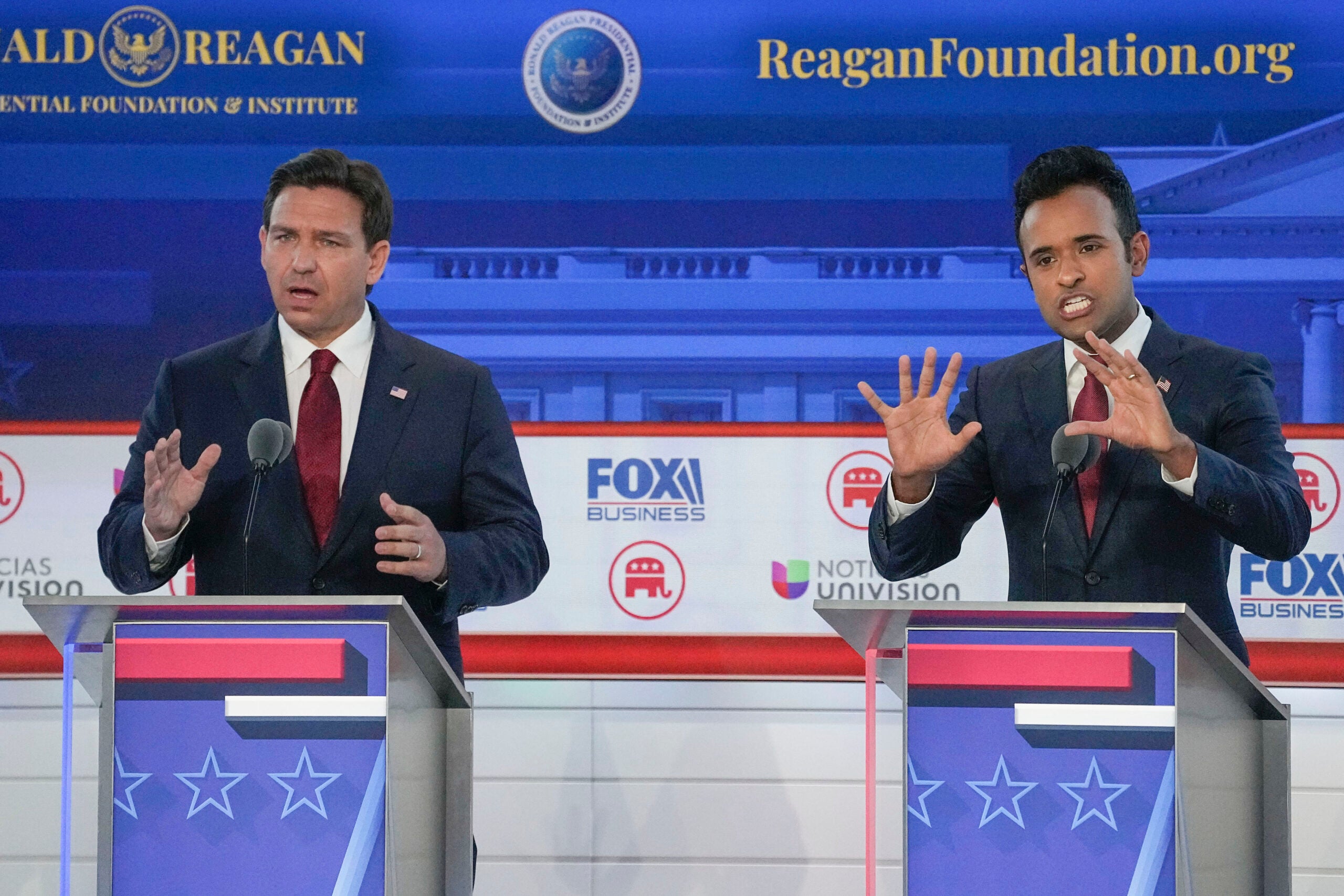 Republican presidential candidates, Florida Gov. Ron DeSantis and entrepreneur Vivek Ramaswamy, during a debate. 