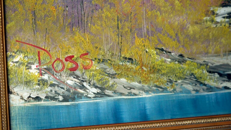 "A Walk in the Woods," the first painting Bob Ross produced for hic iconic show “The Joy of Painting,” sits on display at the home of Modern Artifact owner Ryan Nelson, Tuesday, Sept. 19, 2023, in Wayzata, Minn.