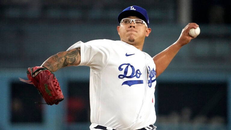 Los Angeles Dodgers starting pitcher Julio Urias throws to the plate.