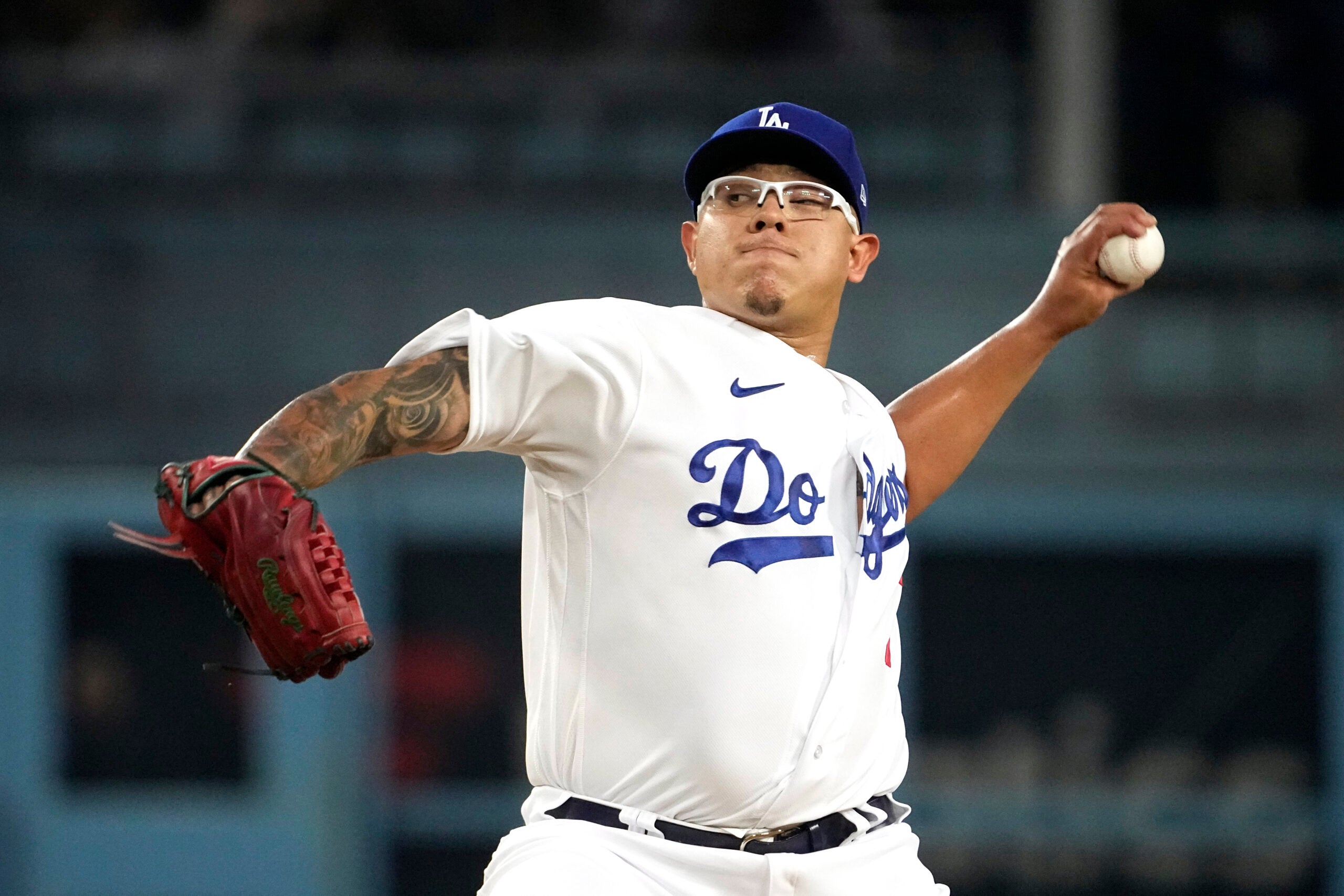 Los Angeles Dodgers starting pitcher Julio Urias throws to the plate.