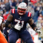 New England Patriots guard Mike Onwenu during an NFL football game against the Cleveland Browns at Gillette Stadium, Sunday, Nov. 14, 2021 in Foxborough, Mass.