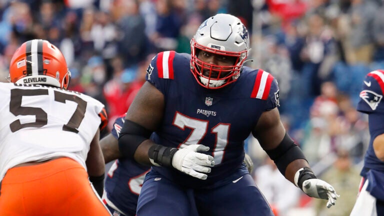 New England Patriots guard Mike Onwenu during an NFL football game against the Cleveland Browns at Gillette Stadium Sunday November 14, 2021 in Foxborough, Mass.