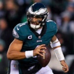 Philadelphia Eagles quarterback Jalen Hurts in action during the NFC Championship NFL football game on Sunday, Jan. 29, 2023, in Philadelphia.