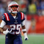 New England Patriots cornerback Marcus Jones (25) reacts after a turnover during the second half of an NFL football game against the Philadelphia Eagles, Sunday, Sept. 10, 2023, in Foxborough, Mass.