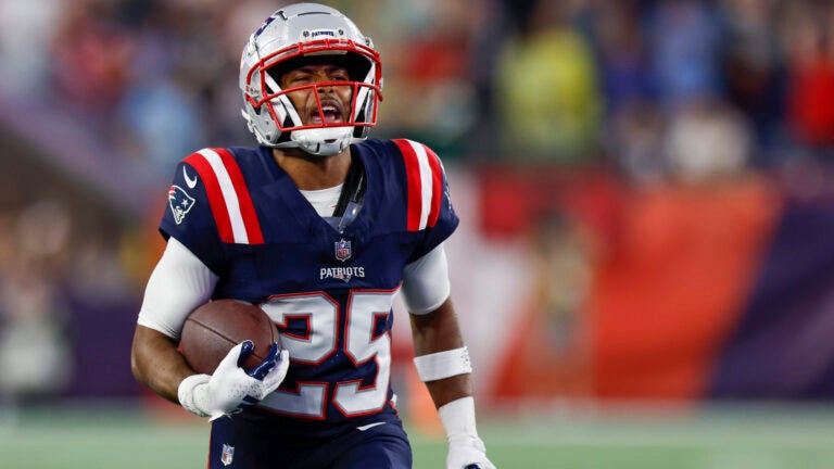 New England Patriots cornerback Marcus Jones (25) reacts after a turnover during the second half of an NFL football game against the Philadelphia Eagles, Sunday, Sept. 10, 2023, in Foxborough, Mass.