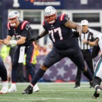New England Patriots offensive tackle Trent Brown looks to block against the Philadelphia Eagles during an NFL football game at Gillette Stadium, Sunday, Sept. 10, 2023 in Foxborough, Mass.