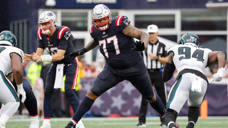 New England Patriots offensive tackle Trent Brown looks to block against the Philadelphia Eagles during an NFL football game at Gillette Stadium, Sunday, Sept. 10, 2023 in Foxborough, Mass.