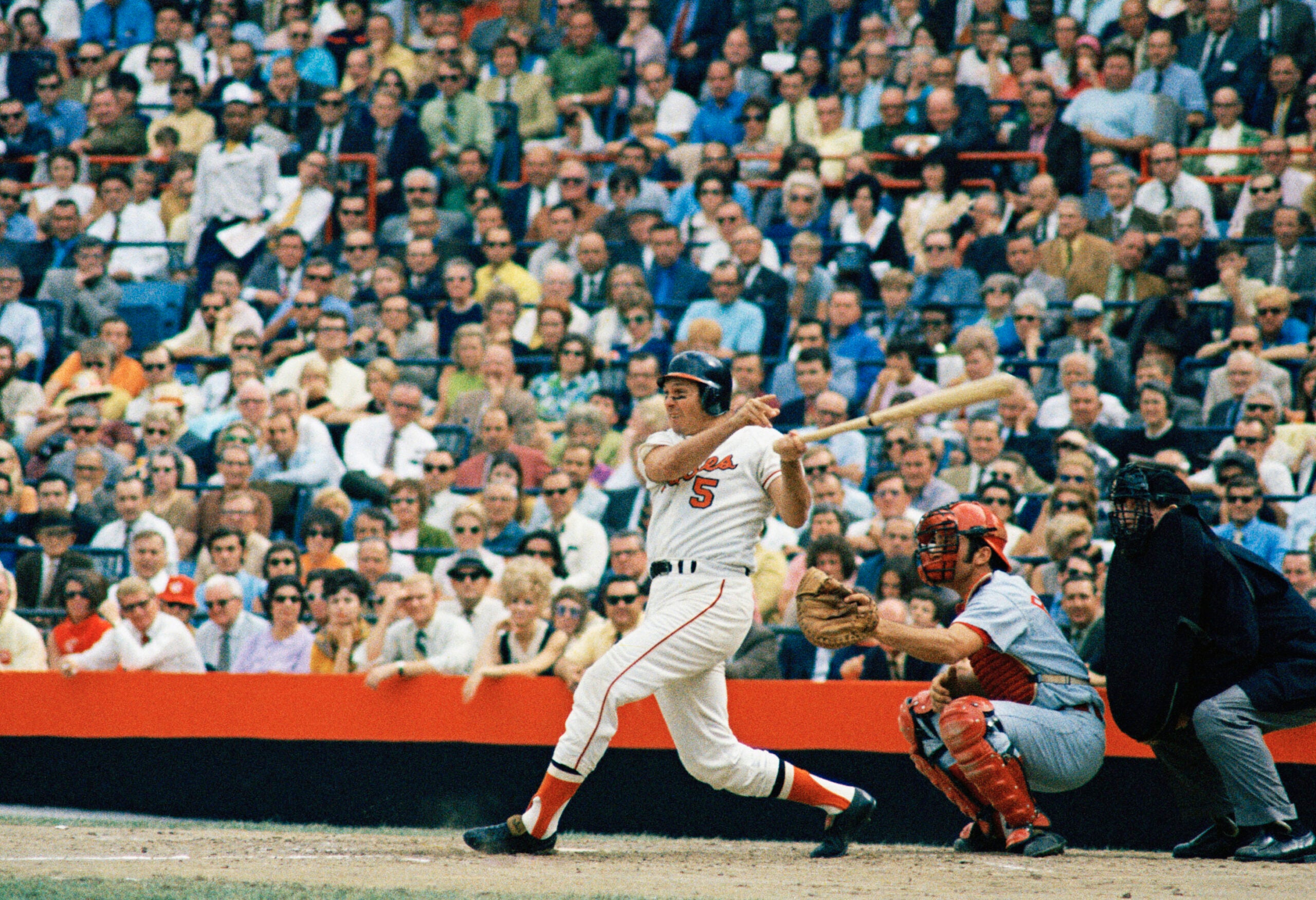 FILE - Baltimore Orioles third baseman Brooks Robinson takes a swing during a 1970 game at Memorial Stadium in Baltimore.