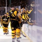 Jake DeBrusk #74 of the Boston Bruins celebrates with teammates after scoring a goal against the Pittsburgh Penguins during the third period in the 2023 Discover NHL Winter Classic at Fenway Park on January 02, 2023 in Boston, Massachusetts.