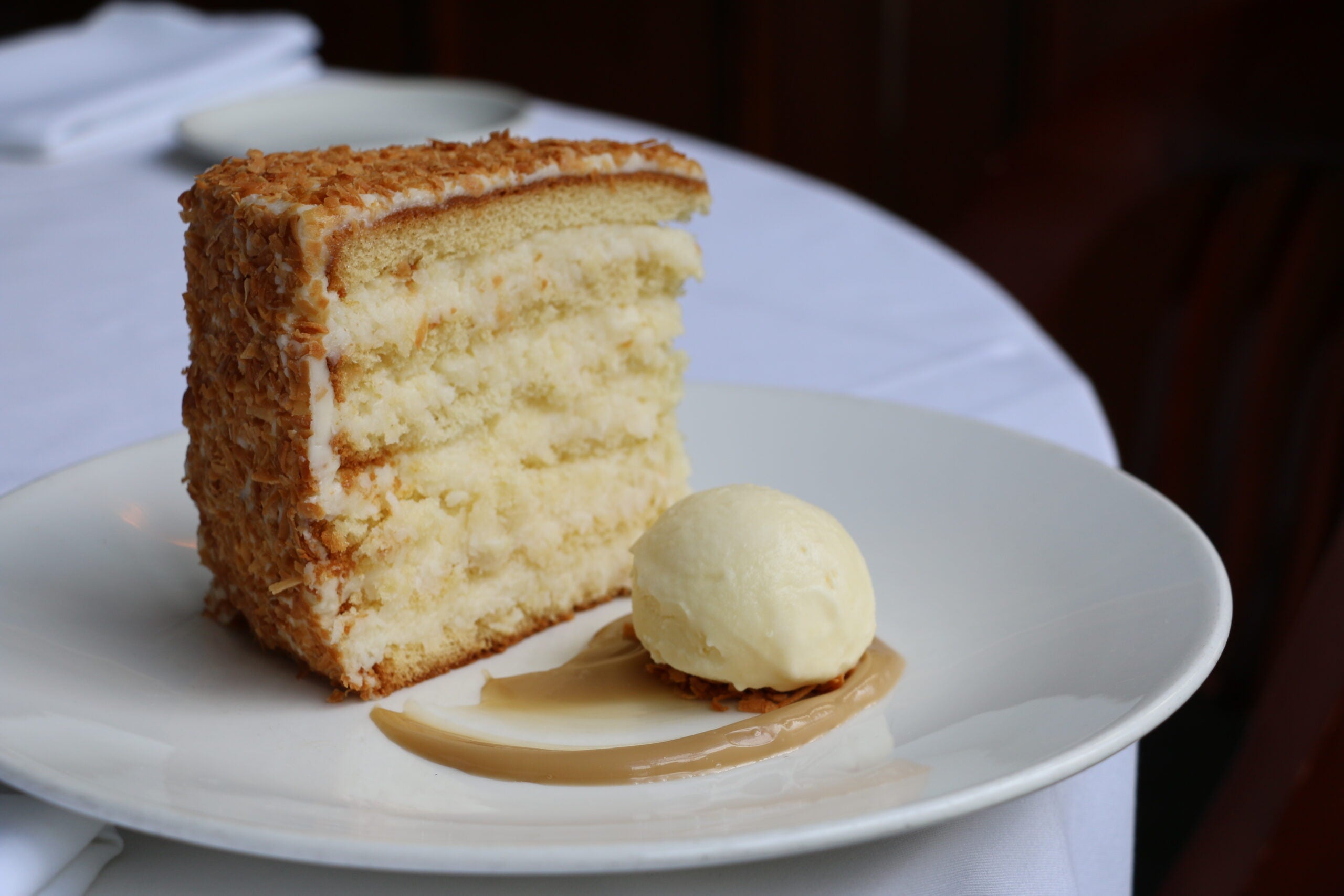 The coconut layer cake at Grill 23.