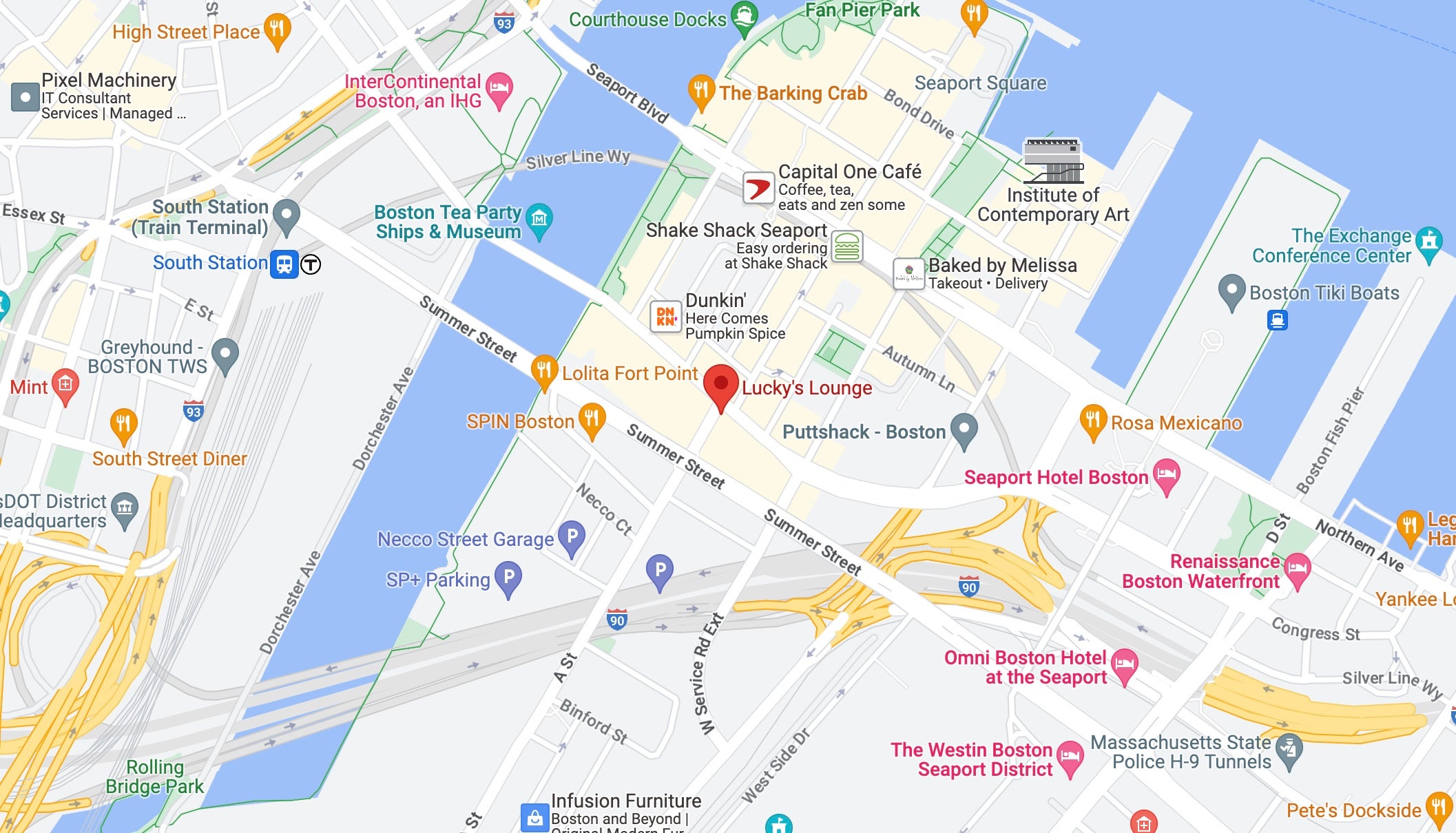 A screenshot of Google Maps featuring Lucky's Lounge, a Seaport bar where outside a man was hit with brass knuckles.