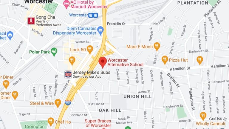 A screenshot of Google Maps, showing Worcester Alternative School, where a student was arrested for having a loaded guns and drugs on him.