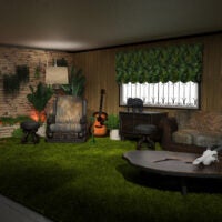 Photo of a room with green shag carpet, wooden furniture, and a wall made of rock material known as the "Jungle Room" at Graceland, Elvis Presley's estate.