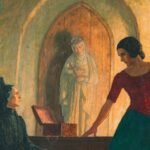 A close-up of a painting by N. C. Wyeth, which shows a woman dressed in all black sitting and looking at a woman, her foster daughter, standing up during a tense moment.