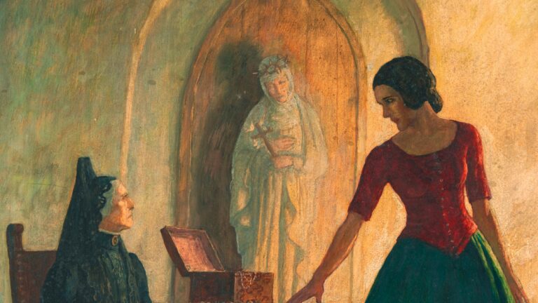 A close-up of a painting by N. C. Wyeth, which shows a woman dressed in all black sitting and looking at a woman, her foster daughter, standing up during a tense moment.