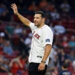 Boston Bruins' Milan Lucic waves before throwing out the ceremonial first pitch prior to a baseball game between he Boston Red Sox and the Baltimore Orioles, Friday, Sept. 8, 2023, in Boston.