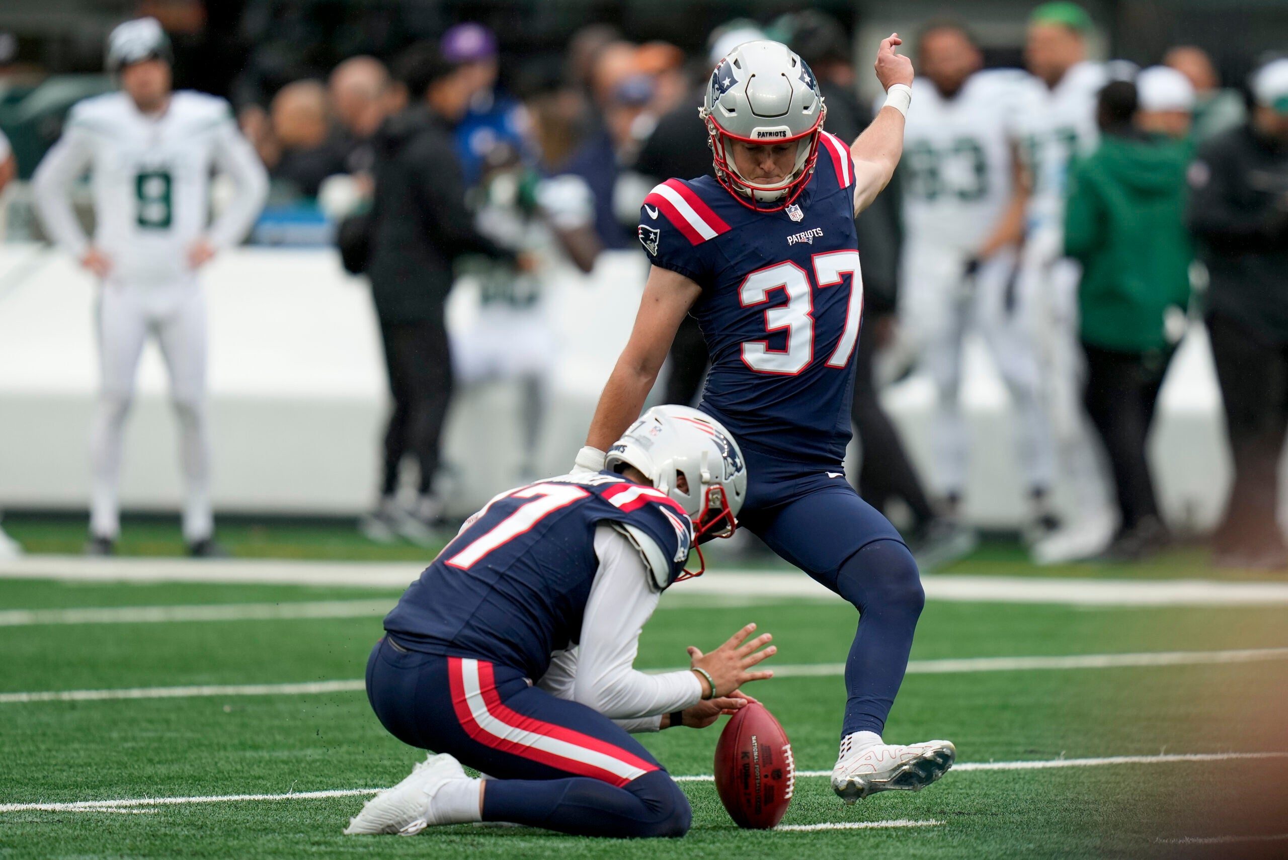 New England Patriots place kicker Chad Ryland kicks a field goal against the New York Jets. 