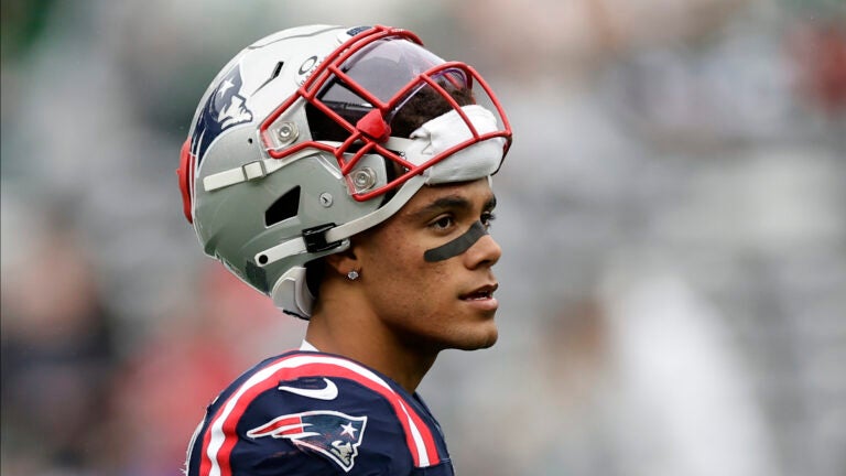 New England Patriots cornerback Christian Gonzalez (6) walks on the field before playing against the New York Jets in an NFL football game, Sunday, Sept. 24, 2023, in East Rutherford, N.J.