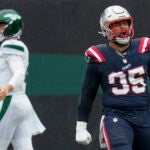 New England Patriots defensive tackle Daniel Ekuale reacts after a play against the New York Jets.