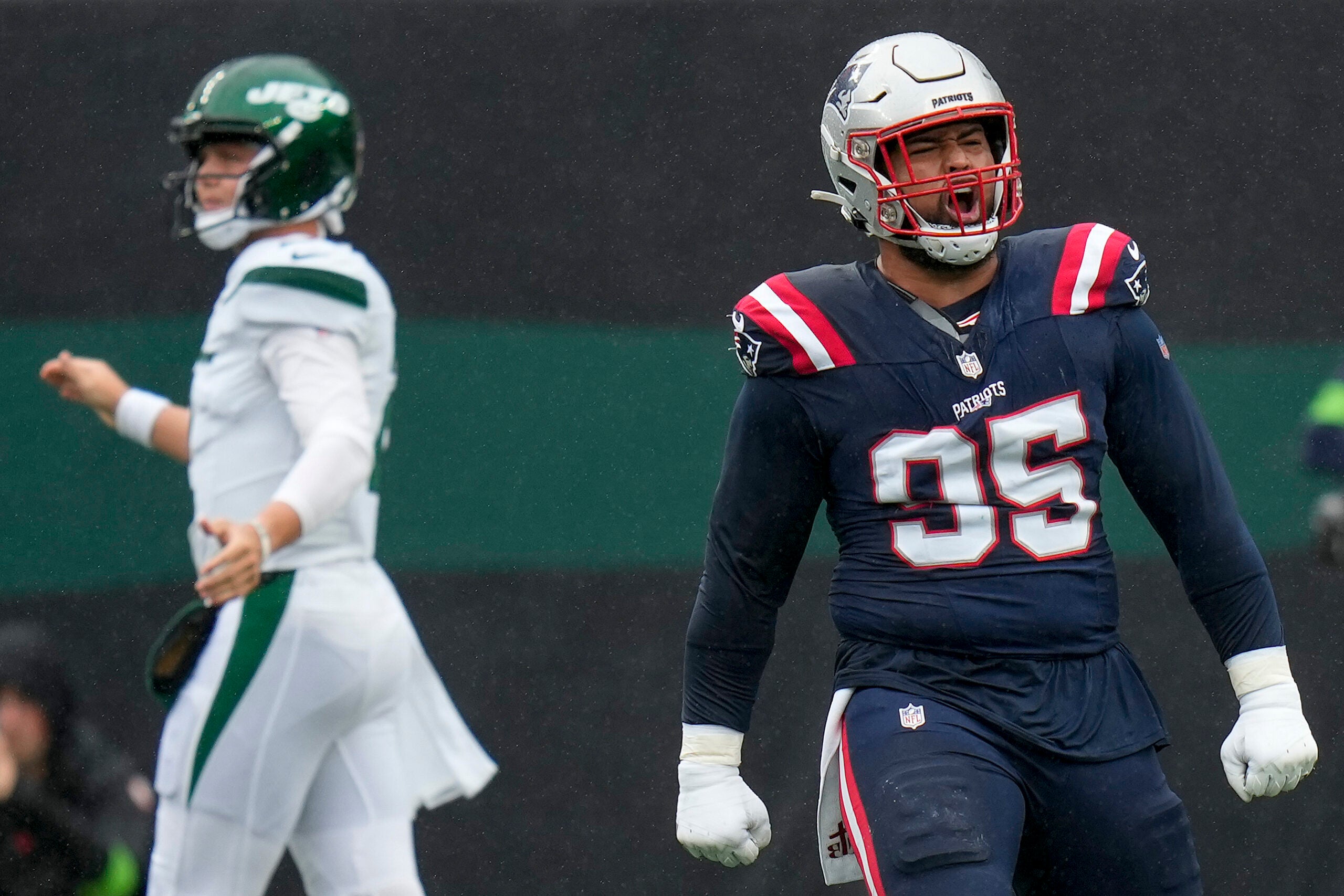 New England Patriots defensive tackle Daniel Ekuale reacts after a play against the New York Jets.